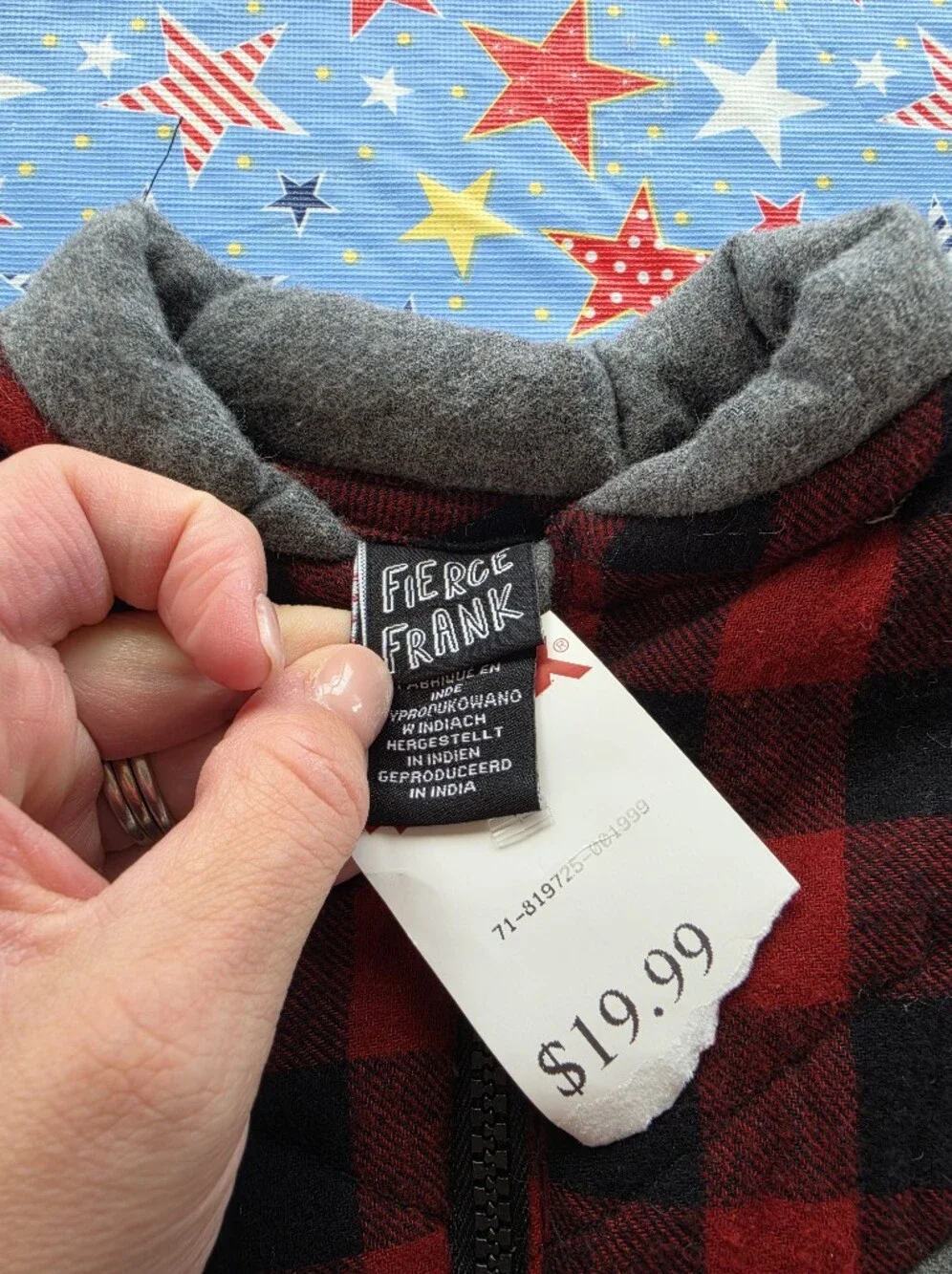 NWT Fierce Frank Kids Quilted Gray Vest with Red Buffalo Plaid Hood